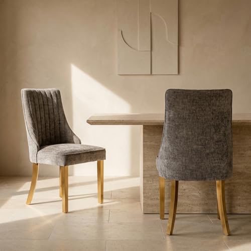 Upholstered Dining Chairs Set of 2, High Back Side Chairs for Kitchen and Dining Room, Mid-Century Modern Chenille Seating with Gold Metal Legs, Grey - color: Grey, Gold Legs, size: Set of 2