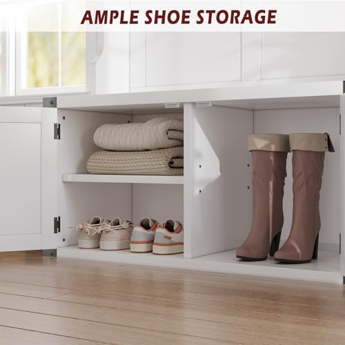 IDEALHOUSE 76" Hall Tree with Bench and Shoe Storage, Farmhouse 4-in-1 Entryway with Coat Rack & 5 Tri-Hooks, Adjustable Shelf, White Mudroom Bench with Storage Seating, Space Saving, White - size: 39"W