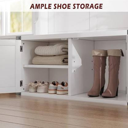IDEALHOUSE 76" Hall Tree with Bench and Shoe Storage, Farmhouse 4-in-1 Entryway with Coat Rack & 5 Tri-Hooks, Adjustable Shelf, White Mudroom Bench with Storage Seating, Space Saving, White - size: 39"W