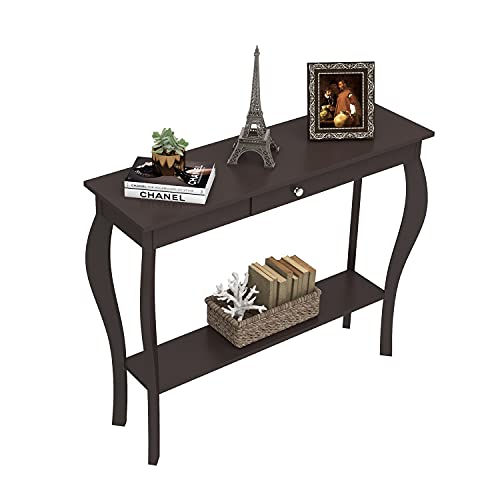 ChooChoo 39" Narrow Entryway Table with Drawer, Espresso | Console Table with Curved Legs, Chic Accent Sofa Table with Shelves for Entryway, Living Room, Hallway - color: Espresso, size: 11.8"D x 39.3"W x 31.4"H
