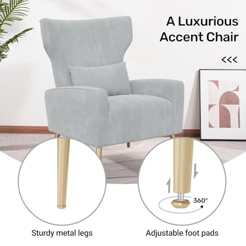 Nebuaegis Velvet Accent Chair Wingback for Living Room, High Back Arm Chair with Golden Legs Lumbar Pillow, Upholstered Single Sofa Bedroom Light Grey - color: Light Gray, size: Set of 1