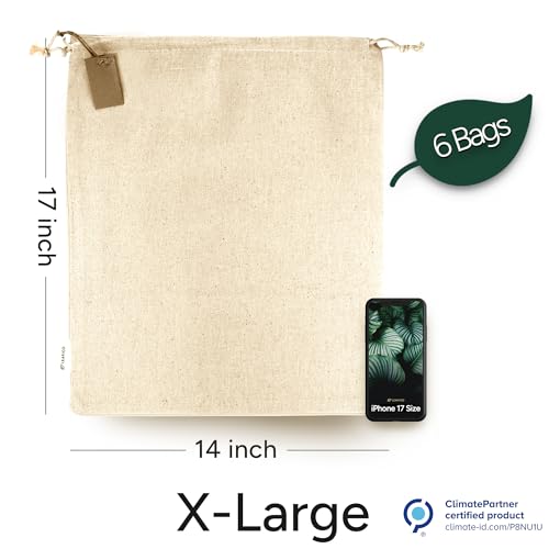 Cotton Storage Bags – X-Large 14x17 Inch (6-Pack) – Reusable Muslin Bags with Drawstrings – Biodegradable Canvas Fabric Sacks – Perfect for Bread, Bulk Produce, Potatoes, Onions, Shoes - size: X-Large 14x17"(6pack)