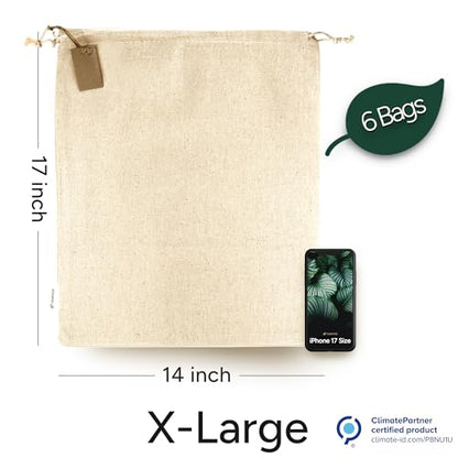 Cotton Storage Bags – X-Large 14x17 Inch (6-Pack) – Reusable Muslin Bags with Drawstrings – Biodegradable Canvas Fabric Sacks – Perfect for Bread, Bulk Produce, Potatoes, Onions, Shoes - size: X-Large 14x17"(6pack)