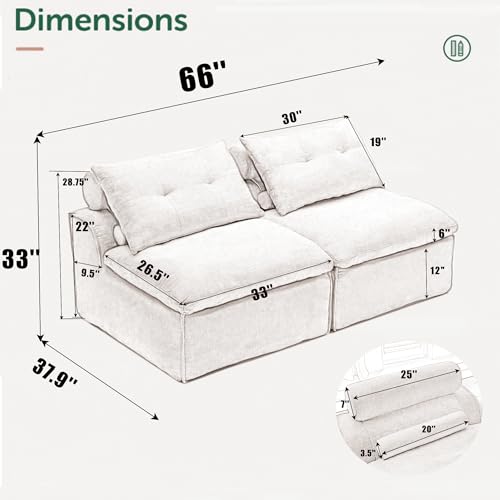 Modular Sofa 2 Seater: DIY Armless Design with Soft Chenille Fabric & 4 Pillows - Creative Studio Seating for Small Spaces & Home Office Use