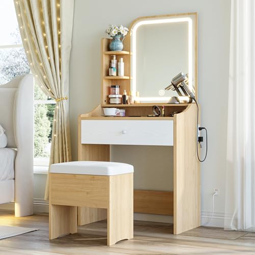 LIKIMIO Small Vanity Desk with Mirror Lights and Storage Stool | Wood compact vanity with 3 light modes, charging station, storage drawer, 3 shelves and upholstered stool - color: Wood