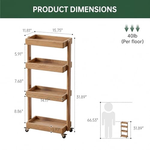 Small Narrow Side Table with Wheels, Skinny End Table for Small Spaces, 4 Tier Side Table for Living Room Bedroom(Natural, 11.81" D x 15.75" W x 31.89" H) - color: Natural, size: 11.81"D x 15.75"W