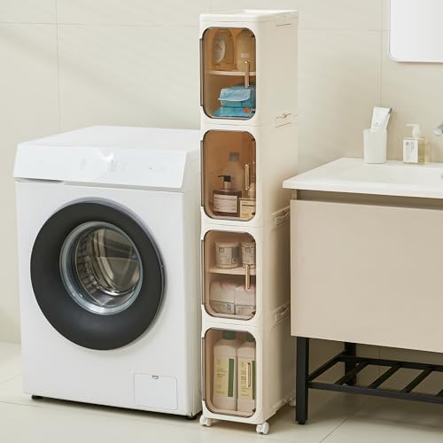 UFORU Tall Narrow Storage Cabinet,Slim Organizer with Magnetic Doors&Wheels | 4 Tiers, Smooth-Rolling Wheels, Durable Waterproof Plastic, Adjustable Shelves, Space-Saving Design for Small Spaces - color: Cream White, size: 4 tier