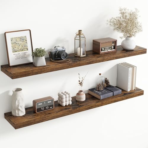 55 Inch Floating Shelves for Wall, 8 Inch Deep, Invisible Brackets, Brown | Rustic Wall Mounted Shelf, Storage & Display, Wooden Shelves for Living Room, Kitchen, Bathroom and Home Decor, Set of 2 - color: Rustic Brown, size: 55 Inch, Set of 2