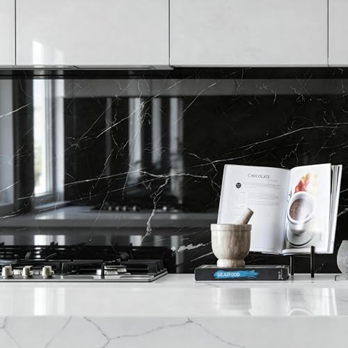 Marble Peel and Stick Waterproof Wall Paneling, 118" x 47" Black Marquina Glossy Finish Self-Adhesive Backsplash Tile Vinyl Wall Panel for Kitchen Bathroom Wall Decor, Covers 38.75 Sq. Ft. - color: Glossy Black Marquina