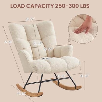 Rocking Chair Nursery Teddy Upholstered Glider Rocker Rocking Accent Chair Padded Seat with High Backrest Armchair Comfy Side Chair for Living Room Bedroom Offices (Ivory Teddy) - color: Ivory