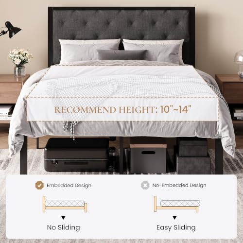 SHA CERLIN Full Size Metal Bed Frame with Linen Tufted Headboard, Dark Gray | Modern Design Heavy-Duty Platform Bed, No Box Spring Need, Linen Fabric Upholstery, Noise Free, Easy Assembly - color: Dark Grey, size: Full