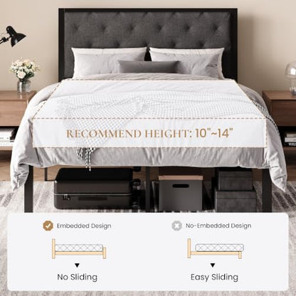 SHA CERLIN Full Size Metal Bed Frame with Linen Tufted Headboard, Dark Gray | Modern Design Heavy-Duty Platform Bed, No Box Spring Need, Linen Fabric Upholstery, Noise Free, Easy Assembly - color: Dark Grey, size: Full