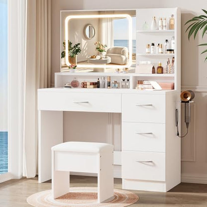 LIVELYGLOW White Makeup Vanity Desk with Charging Station & 4 Drawers | Smart LED Mirror, Cushioned-Stool, Hairdryer Rack - color: Ivory White