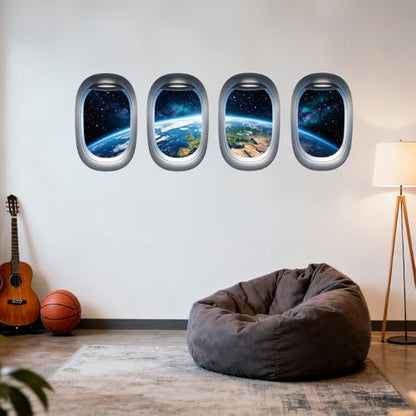 Porthole Earth and Universe Wall Decals, Wall Stickers Decor | 2 Sheets 11.8"x37.8" Vinyl Removable Peel and Stick Murals, Plant Decor for Bedroom, Bathroom, Office, Classroom & Home - style: Porthole Earth and Universe