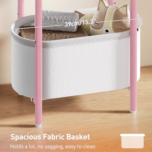 Small Round Side Table with Fabric Basket Storage, Oval End Table for Small Spaces, Modern Coffee Bedside Table, Couch Side Table for Living Room, 15.7" X 11.8" X 24", Pink and White 8601BZPK - color: Pink