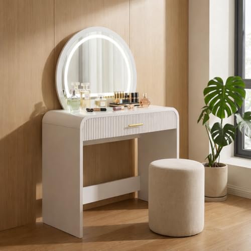 Makeup Vanity Desk with LED Touch Screen Lighted Mirror, Wooden Vanity Table with Drawer, Curved Edge Dressing Table with Removable Mirror for Bedroom (White) - color: White
