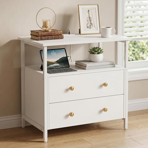 Edbuosy 27" Wide Nightstand with Charging Station & 2 Drawer, White | Small Dresser for Closet, 2 AC Outlets & 2 USB Ports, Open Shelf, Adjustable Feet, Wood Nightstand for Living Room or Bedroom - color: White, size: 2 Drawer