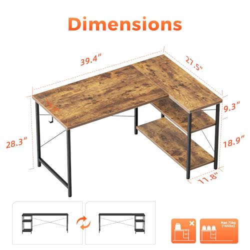 39 inch Corner Desk with Shelves, Small L Shaped Gaming Desk | Reversible Computer Desk with Hooks, Office Table for Home Bedroom Study Work Writing - color: Brown, size: 39.4 inch