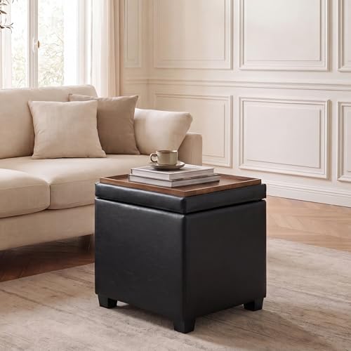 15 inch Square Storage Ottoman with Tray Lid,Modern Tufted Faux Leather Cube Coffee Table with Storage,Upholstered Ottoman with Removable Top for Living Room, Bedroom - color: Faux Leather -Black With Tray