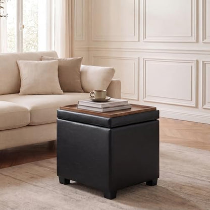 15 inch Square Storage Ottoman with Tray Lid,Modern Tufted Faux Leather Cube Coffee Table with Storage,Upholstered Ottoman with Removable Top for Living Room, Bedroom - color: Faux Leather -Black With Tray