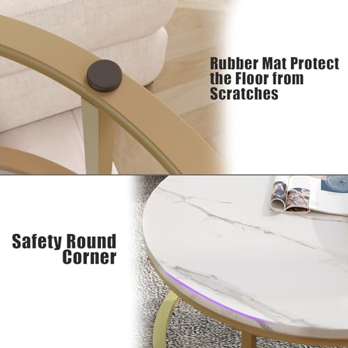 WiberWi Round Coffee Table Nesting Tables Set of 2, Large : Ø 34.0", Small : Ø 26.0", Modern Design Coffee Tables for Living Room, Gold Metal Frame Circle Cocktail Table, High Glossy Faux White Marble - color: White Faux Marble