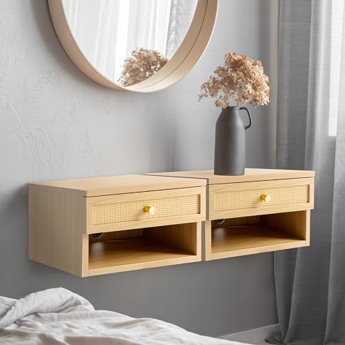 JONATHAN Y Celerie 15.7" Rattan Floating Nightstand, Light Oak | Soft-Close Storage Drawer, Wall Mounted Side Table, Built-In Cable Hole, Open Shelf Cubby, Mid-Century Modern Bohemian - color: Light Oak, size: Set of 1, style: Celerie