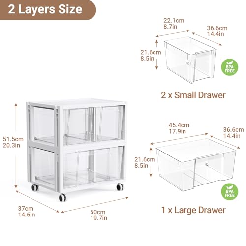 Stackable Storage Drawer Carts, Extra Large Bins 2 Tier 3 Drawers | Smooth Pull-Out Drawers, Clear Plastic Storage Organizer Container For Home Office Bedroom Bathroom Art Crafts Under Desk - size: 2 Tier 3 Drawer