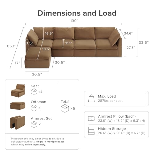 mopio Oversized Modular Sectional Sofa with Fully Removable Covers and Storage, Convertible U, L-Shaped and Sleeper Sectional, Modern Couches with Ottoman Chaise (Hazelnut Velvet, 5 Seats, L) - color: [Gen 2] Hazelnut Velvet, size: 5 Seats, L