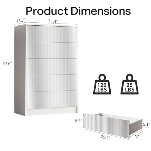 MAISONARIA White Curved 5 Drawer Dresser, Wide Modern Long Dresser for Bedroom, Living Room, or Entryway, Push to Open Storage Chest, Minimalist Scandinavian Style - color: White, size: 15.7"D x 31.4"W x 47.6"H (5 Drawers)