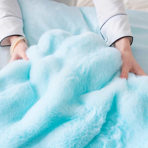 Fluffy Blue Duvet Cover Twin Set, Soft Shaggy Plush Rabbit Bedding Set 2 Pieces (1 Fuzzy Comforter Cover + 1 Faux Fur Pillow Cases) Zipper Closure（Blue, Twin） - color: Blue, size: Twin