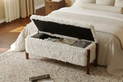 Modern Storage Benches with Walnut Wood Legs, 47'' Ottoman Bench with 20 Gallons Storage Space for Bedroom End of Bed, Faux Fur Fabric Upholstered Entryway Bench, Beige - color: Faux Fur-beige