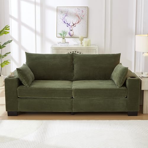 78" Cloud Loveseat Sofa, Modern 2 Seater Loveseat Couch with Dual Cup Holders & USB Charging Ports, Comfy Corduroy Upholstered Sofa with Side Storage Pockets for Apartment - color: Green