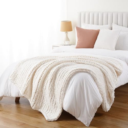 Chunky Knit Throw Blanket for Couch, White Knit Throw Blanket, 50"x60" | Handmade Cable Knit Crochet Blanket, Soft Thick Knot Knitted Throw Blankets for Bed Sofa ,Cream Neutral Blanket Throw - color: Cream
