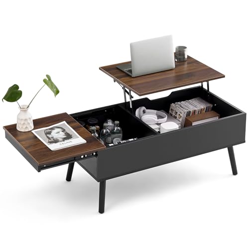Lift Top Coffee Table with Storage for Living Room, Walnut Black | Large Hidden Compartments, Lifting Top, Slide Desktop, Modern Wooden Coffee Tables, for Home Office