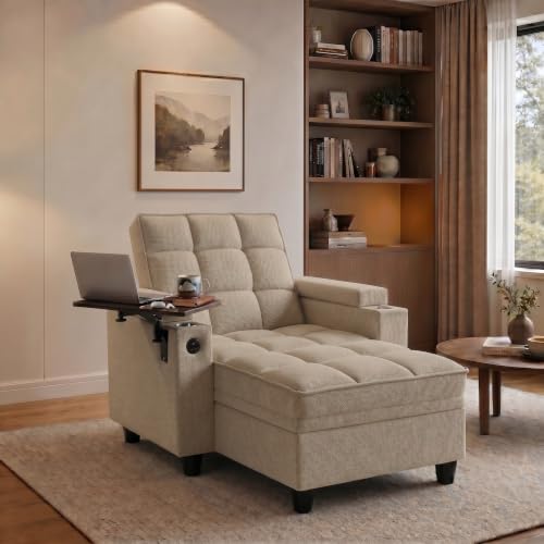Convertible Sleeper Chair, Pull Out Sofa Bed with Adjustable Backrest & Hidden Storage Armrest, Single Sofa Recliner with USB Charging Port & Cup Holders for Living Room, Bedroom, Khaki - color: C-khaki-i3