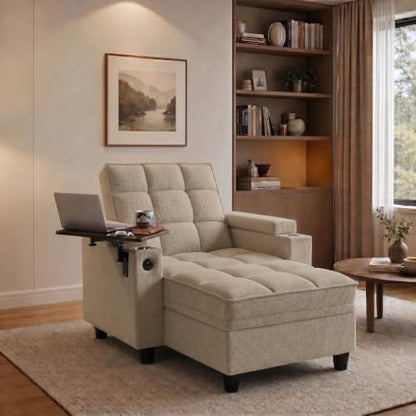 Convertible Sleeper Chair, Pull Out Sofa Bed with Adjustable Backrest & Hidden Storage Armrest, Single Sofa Recliner with USB Charging Port & Cup Holders for Living Room, Bedroom, Khaki - color: C-khaki-i3