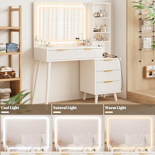 Vanity Desk with Mirror and Lights, Makeup Vanity Desk with Power Outlet, Makeup Desk with 5 Drawers&Storage Shelves, Vanity Table 3 Color Modes Adjustable Brightness Dressing Table Set for Bedroom - style: White Vanity with Power Outlet