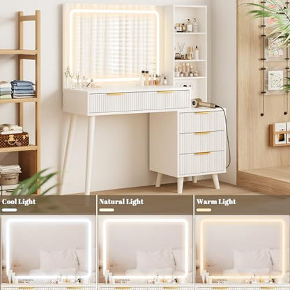 Vanity Desk with Mirror and Lights, Makeup Vanity Desk with Power Outlet, Makeup Desk with 5 Drawers&Storage Shelves, Vanity Table 3 Color Modes Adjustable Brightness Dressing Table Set for Bedroom - style: White Vanity with Power Outlet