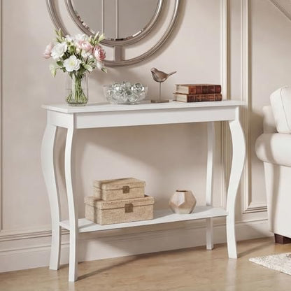 ChooChoo 39" Narrow Entryway Table with Storage Shelf, White | Console Table with Curved Legs, Chic Accent Sofa Table with Shelves for Entryway, Living Room, Hallway - color: White