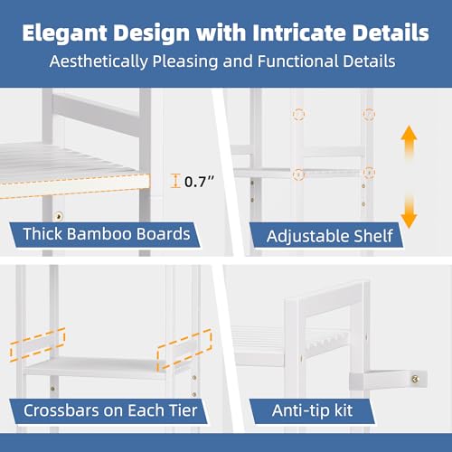 HITNET 5 Tier Bamboo Shelf, Tall Narrow Bookcase, Freestanding Bathroom Storage Unit with Adjustable Shelves, Modern Display Standing Bookshelf for Living Room, Bedroom, Home Office, White - color: White