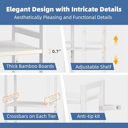 HITNET 5 Tier Bamboo Shelf, Tall Narrow Bookcase, Freestanding Bathroom Storage Unit with Adjustable Shelves, Modern Display Standing Bookshelf for Living Room, Bedroom, Home Office, White - color: White