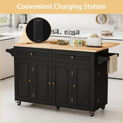 Kitchen Island Cart with Storage on Wheels, 59" Large Rolling Kitchen Island with Drop Leaf, Mobile Island for Kitchen with Towel Rack, Drawers for Dining Room, Black - size: 59.3" W, style: Black