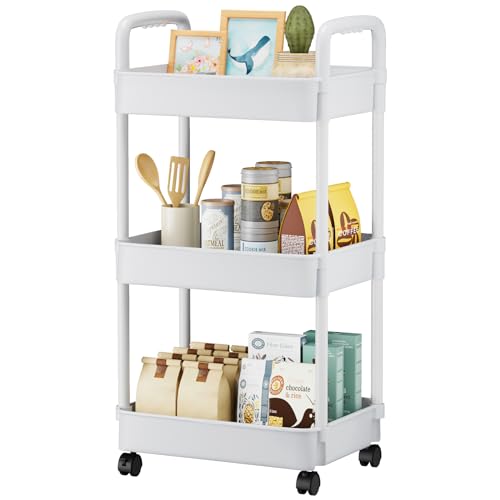EZ COZY 3 Tier Rolling Cart, Plastic Diaper Cart Organizer with Wheels, Roller Cart for Diapers, Baby Nursery, Kitchen, Bathroom, Living Room and Bedside, White - color: White