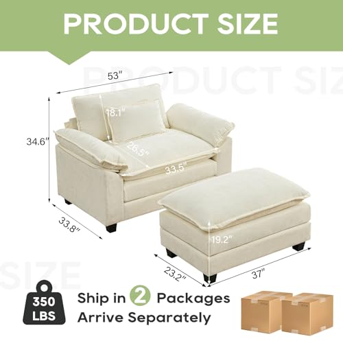 53" Modular Sectional Sofa, Comfy Deep Cloud Couch with Ottoman | Couches for Living Room, Sofa Bed, Modular Couch, Deep and Wide Seat, Chenille Sofa Sleeper with Throw Pillows, Beige White - color: Beige White, size: 53 Inch 2