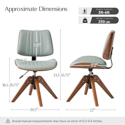 HULALA HOME Faux Leather Home Office Desk Chair No Wheels, Sage | Mid-Century Modern Desk Chair with Wood Legs, 360° Swivel Computer Task Chair with Channel-Tufted Backrest, Height Adjustable - color: Sage