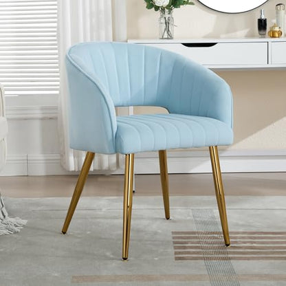 Velvet Home Office Desk Vanity Chair, No Wheels, Gold Legs, Light Blue | Modern Accent Chair with Stylish Stripe Design, Spacious‌ Soft Seat for Girls & Women Bedroom Makeup or Nail Table - color: Blue Velvet, No Wheels