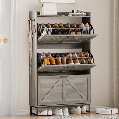 Shoe Cabinet Storage for Entryway, Shoe Storage Cabinet with 3 Flip Drawers, Freestanding Narrow Shoe Rack Organizer with Metal Legs & Side Hook for Foyer, Hallway, Grey - color: Grey, style: 3 Drawers