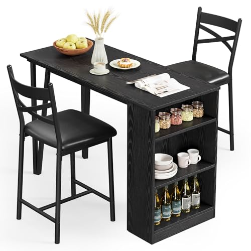 IDEALHOUSE Dining Table Set for 2, Expandable Kitchen Bar Table and Chairs for 2, 3 Piece Counter Height Top Dining Table Set with Upholstered Chairs Storage for Small Space, Black (Black) - color: Black