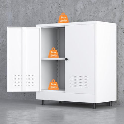 Metal Storage Cabinet with 2 Doors and Adjustable Shelf, Free Standing Accent Sideboard Buffet Cabinet for Home, Office, Entryway, Hallway, Living Room, Kitchen and Dining Room (White) - color: White