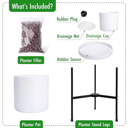 D'vine Dev Cylinder Planter Pot with Metal Stand, White, 8 in, 96-T-A-1 | Durable Fiberclay Construction, Sleek Modern Design, Heavy-Duty Iron Stand, Drainage Hole & Saucer, Elegant Indoor Display - color: White, size: Small 8 Inch